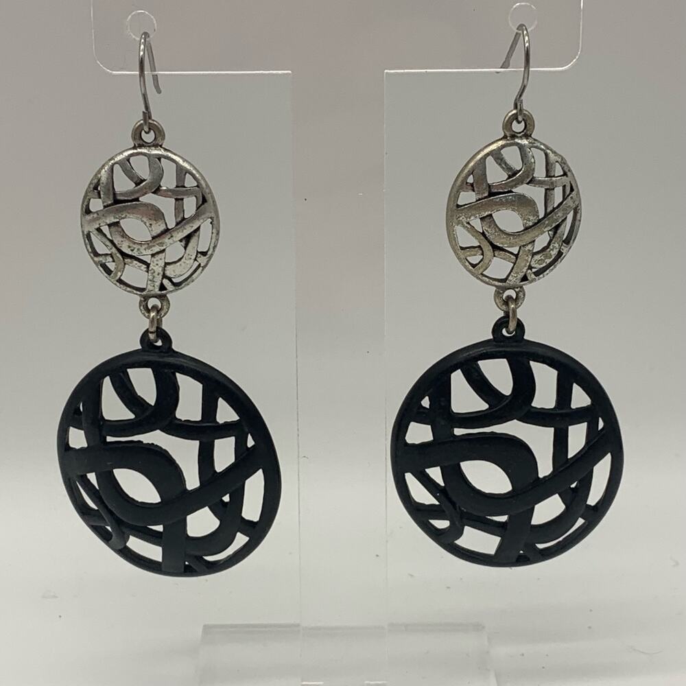 Silver Tone and Matte Black Dangle Pierced Earrings Open Design